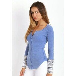 Free People Alpine Cuff Henley Thermal Shirt Blue  Ski Lodge Sz S